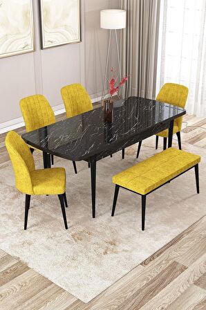 Rovena Zeta Siyah Mermer 80x132 Açılabilir Mdf Mutfak Masası Takımı 4 Adet Sandalye + 1 Bench