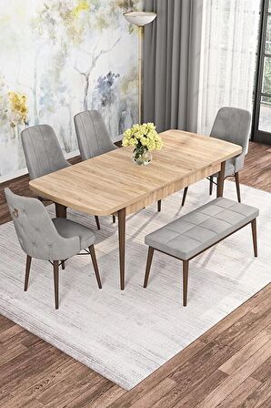 Rovena Mona Meşe 80x132 Açılabilir Mdf Mutfak Masası Takımı 4 Adet Sandalye+1 Bench