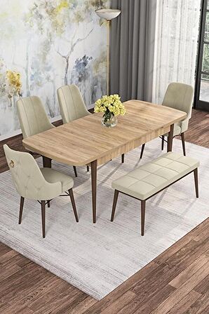 Rovena Mona Meşe 80x132 Açılabilir Mdf Mutfak Masası Takımı 4 Adet Sandalye+1 Bench