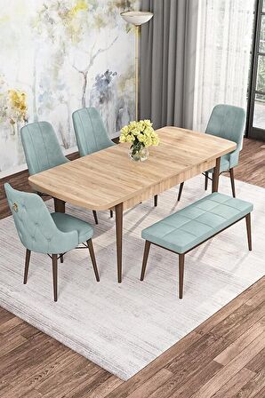 Rovena Mona Meşe 80x132 Açılabilir Mdf Mutfak Masası Takımı 4 Adet Sandalye+1 Bench