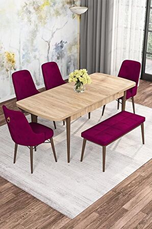 Rovena Mona Meşe 80x132 Açılabilir Mdf Mutfak Masası Takımı 4 Adet Sandalye+1 Bench