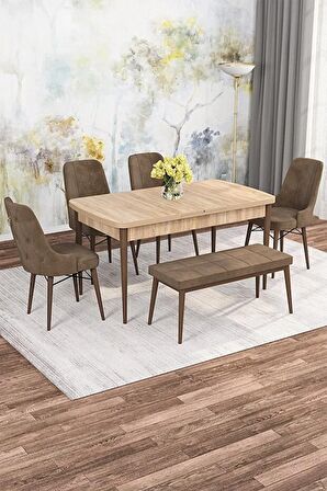 Rovena Mona Meşe 80x132 Açılabilir Mdf Mutfak Masası Takımı 4 Adet Sandalye+1 Bench