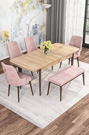 Rovena Mona Meşe 80x132 Açılabilir Mdf Mutfak Masası Takımı 4 Adet Sandalye+1 Bench