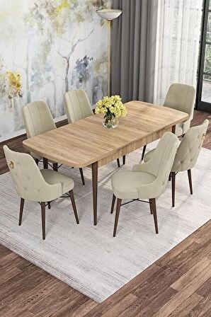 Rovena Mona Meşe 80x132 Açılabilir Mdf Mutfak Masası Takımı 6 Adet Sandalye