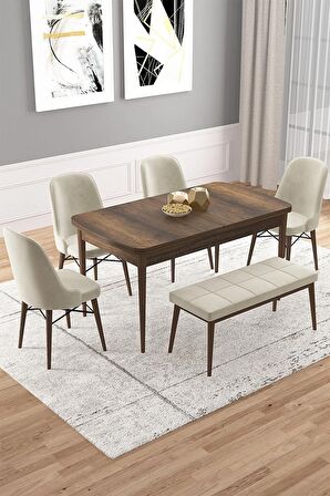 Rovena Vals Barok 80x132 Açılabilir Mdf Mutfak Masası Takımı 4 Adet Sandalye+1 Bench