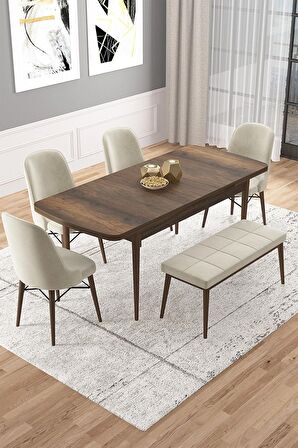 Rovena Vals Barok 80x132 Açılabilir Mdf Mutfak Masası Takımı 4 Adet Sandalye+1 Bench