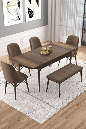 Rovena Vals Barok 80x132 Açılabilir Mdf Mutfak Masası Takımı 4 Adet Sandalye+1 Bench