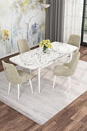 Rovena Mona Beyaz Mermer 80x132 Açılabilir Mdf Mutfak Masası Takımı 4 Adet Sandalye