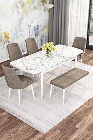 Rovena Mona Beyaz Mermer 80x132 Açılabilir Mdf Mutfak Masası Takımı 4 Adet Sandalye+1 Bench