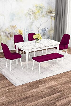 Rovena Mona Beyaz Mermer 80x132 Açılabilir Mdf Mutfak Masası Takımı 4 Adet Sandalye+1 Bench