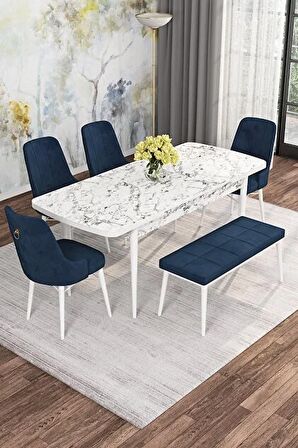 Rovena Mona Beyaz Mermer 80x132 Açılabilir Mdf Mutfak Masası Takımı 4 Adet Sandalye+1 Bench