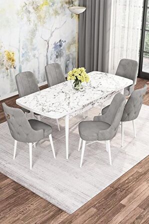 Rovena Mona Beyaz Mermer 80x132 Açılabilir Mdf Mutfak Masası Takımı 6 Adet Sandalye
