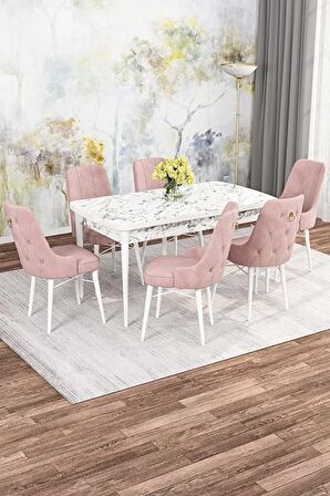 Rovena Mona Beyaz Mermer 80x132 Açılabilir Mdf Mutfak Masası Takımı 6 Adet Sandalye