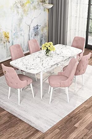 Rovena Mona Beyaz Mermer 80x132 Açılabilir Mdf Mutfak Masası Takımı 6 Adet Sandalye