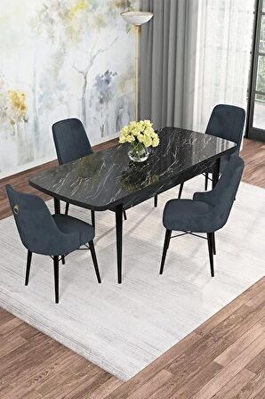 Rovena Mona Siyah Mermer 80x132 Açılabilir Mdf Mutfak Masası Takımı 4 Adet Sandalye