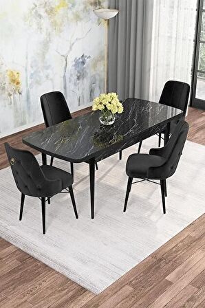 Rovena Mona Siyah Mermer 80x132 Açılabilir Mdf Mutfak Masası Takımı 4 Adet Sandalye