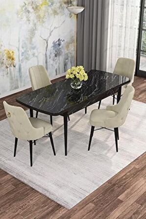 Rovena Mona Siyah Mermer 80x132 Açılabilir Mdf Mutfak Masası Takımı 4 Adet Sandalye