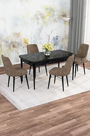Rovena Mona Siyah Mermer 80x132 Açılabilir Mdf Mutfak Masası Takımı 4 Adet Sandalye