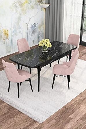 Rovena Mona Siyah Mermer 80x132 Açılabilir Mdf Mutfak Masası Takımı 4 Adet Sandalye