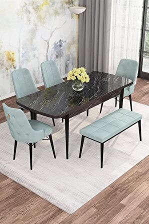 Rovena Mona Siyah Mermer 80x132 Açılabilir Mdf Mutfak Masası Takımı 4 Adet Sandalye+1 Bench