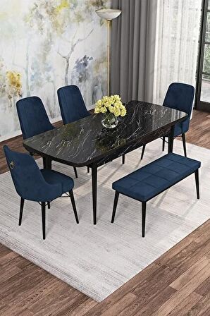 Rovena Mona Siyah Mermer 80x132 Açılabilir Mdf Mutfak Masası Takımı 4 Adet Sandalye+1 Bench