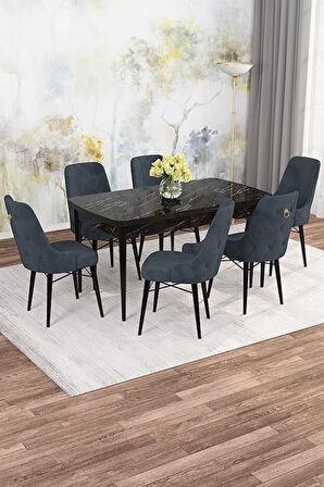 Rovena Mona Siyah Mermer 80x132 Açılabilir Mdf Mutfak Masası Takımı 6 Adet Sandalye
