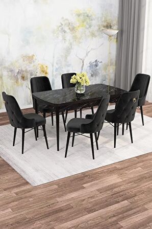 Rovena Mona Siyah Mermer 80x132 Açılabilir Mdf Mutfak Masası Takımı 6 Adet Sandalye
