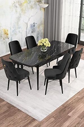 Rovena Mona Siyah Mermer 80x132 Açılabilir Mdf Mutfak Masası Takımı 6 Adet Sandalye