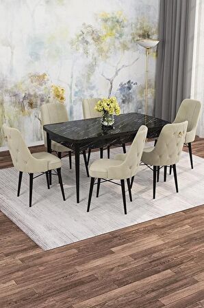Rovena Mona Siyah Mermer 80x132 Açılabilir Mdf Mutfak Masası Takımı 6 Adet Sandalye