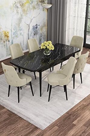 Rovena Mona Siyah Mermer 80x132 Açılabilir Mdf Mutfak Masası Takımı 6 Adet Sandalye
