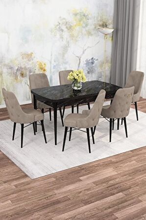 Rovena Mona Siyah Mermer 80x132 Açılabilir Mdf Mutfak Masası Takımı 6 Adet Sandalye