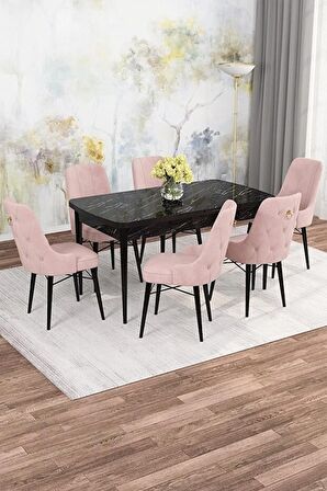 Rovena Mona Siyah Mermer 80x132 Açılabilir Mdf Mutfak Masası Takımı 6 Adet Sandalye