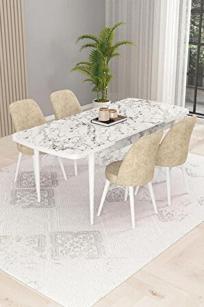 Rovena Kaf Beyaz Mermer 80x132 Açılabilir Suntalam Mutfak Masası Takımı 4 Adet Sandalye