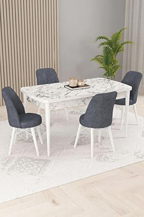 Rovena Kaf Beyaz Mermer 80x132 Açılabilir Suntalam Mutfak Masası Takımı 4 Adet Sandalye