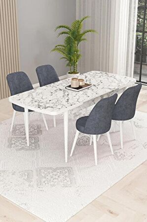 Rovena Kaf Beyaz Mermer 80x132 Açılabilir Suntalam Mutfak Masası Takımı 4 Adet Sandalye