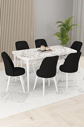 Rovena Kaf Beyaz Mermer 80x132 Açılabilir Suntalam Mutfak Masası Takımı 6 Adet Sandalye