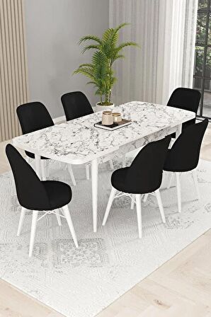 Rovena Kaf Beyaz Mermer 80x132 Açılabilir Suntalam Mutfak Masası Takımı 6 Adet Sandalye