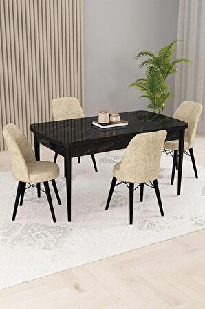 Rovena Kaf Siyah Mermer 80x132 Açılabilir Suntalam Mutfak Masası Takımı 4 Adet Sandalye
