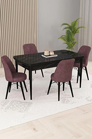 Rovena Kaf Siyah Mermer 80x132 Açılabilir Suntalam Mutfak Masası Takımı 4 Adet Sandalye