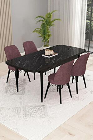 Rovena Kaf Siyah Mermer 80x132 Açılabilir Suntalam Mutfak Masası Takımı 4 Adet Sandalye