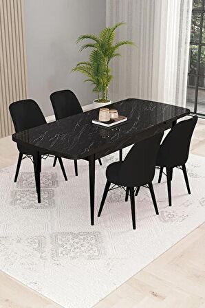 Rovena Kaf Siyah Mermer 80x132 Açılabilir Suntalam Mutfak Masası Takımı 4 Adet Sandalye