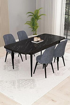 Rovena Kaf Siyah Mermer 80x132 Açılabilir Suntalam Mutfak Masası Takımı 4 Adet Sandalye