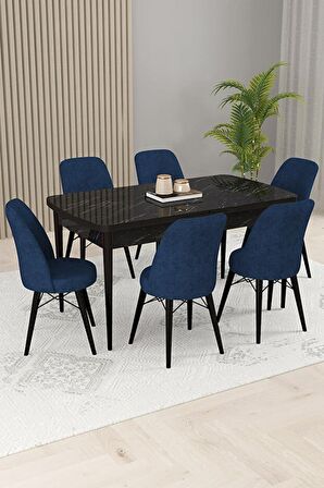Rovena Kaf Siyah Mermer 80x132 Açılabilir Suntalam Mutfak Masası Takımı 6 Adet Sandalye