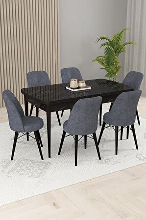 Rovena Kaf Siyah Mermer 80x132 Açılabilir Suntalam Mutfak Masası Takımı 6 Adet Sandalye
