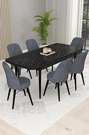 Rovena Kaf Siyah Mermer 80x132 Açılabilir Suntalam Mutfak Masası Takımı 6 Adet Sandalye