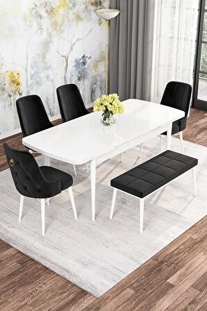 Rovena Alaska Beyaz 80x132 Açılabilir Suntalam Mutfak Masası Takımı 4 Adet Sandalye+1 Bench