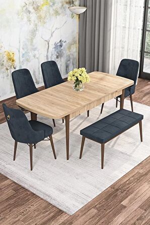 Rovena Alaska Meşe 80x132 Açılabilir Suntalam Mutfak Masası Takımı 4 Adet Sandalye+1 Bench