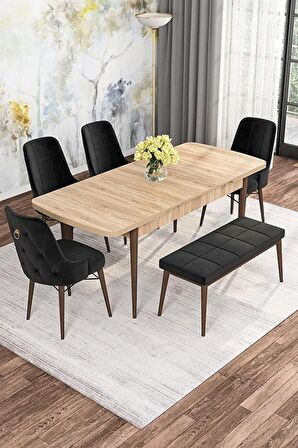 Rovena Alaska Meşe 80x132 Açılabilir Suntalam Mutfak Masası Takımı 4 Adet Sandalye+1 Bench