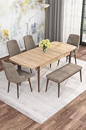 Rovena Alaska Meşe 80x132 Açılabilir Suntalam Mutfak Masası Takımı 4 Adet Sandalye+1 Bench