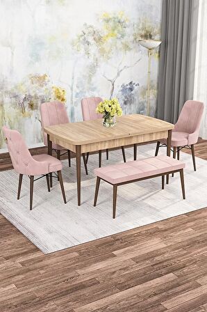 Rovena Alaska Meşe 80x132 Açılabilir Suntalam Mutfak Masası Takımı 4 Adet Sandalye+1 Bench